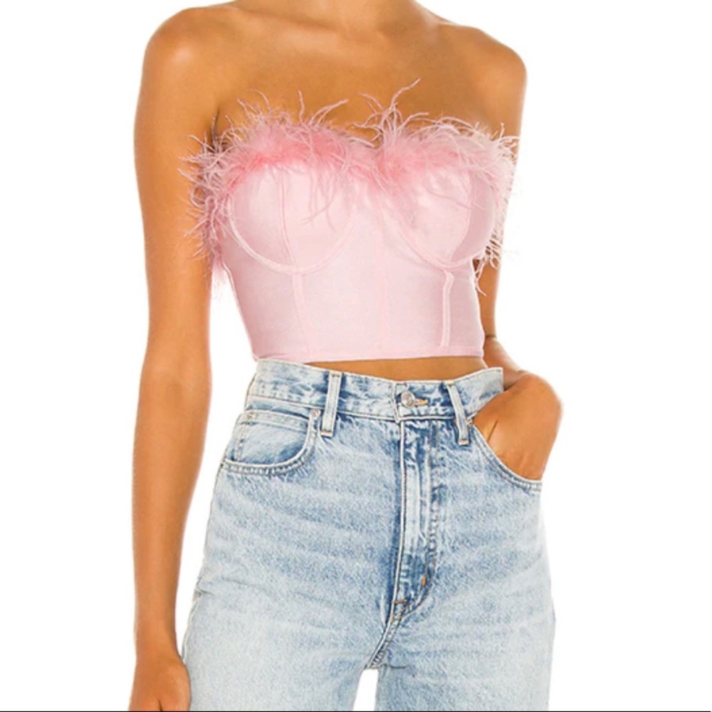 superdown Pink Feathered Strapless Crop Top